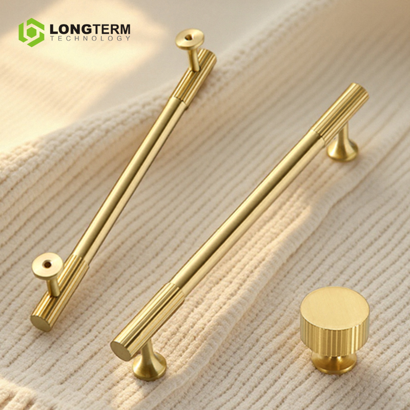 Brushed Brass Handles Modern Drawer Door Knobs Solid Brass Pulls Golden Linear Straight Stripe Kitchen Cabinet Handles